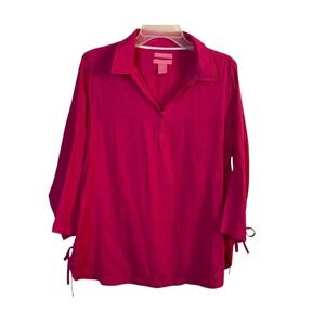 Isaac Mizrahi Blouse Women's Large 100% Linen Hot Pink 3/4 Sleeve Top